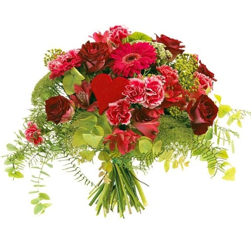 Rood/roze valentijnboeket met hartje